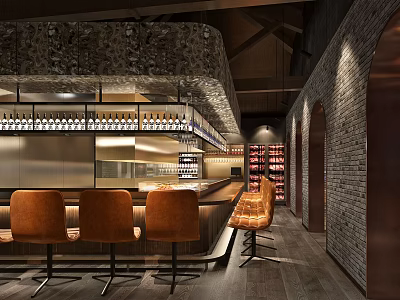 Modern Restaurant Interior With Bar Counter Orange Chairs Brick Walls And Wine Racks 3d model