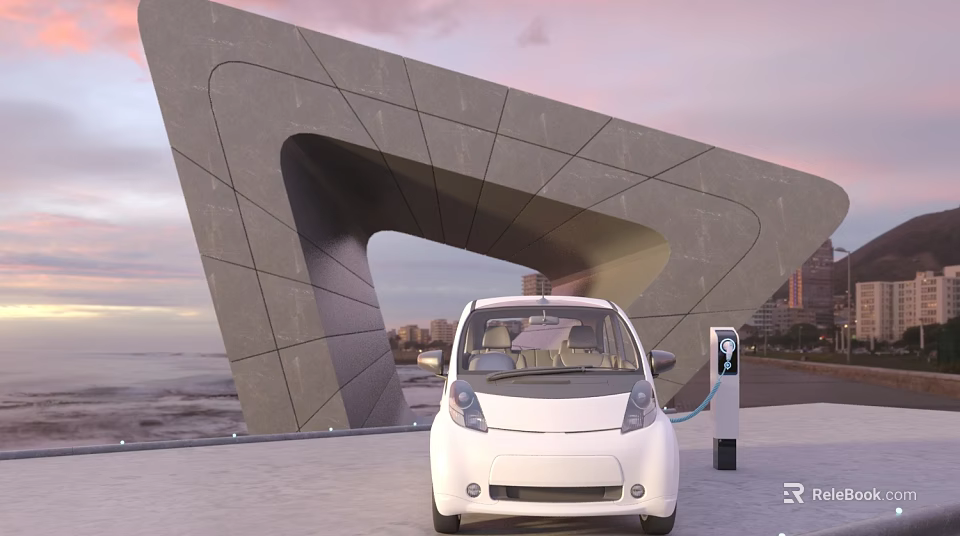 White Electric Car Charging at Modern Seaside Architectural Structure with Cityscape 3d model 