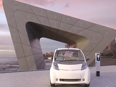 White Electric Car Charging at Modern Seaside Architectural Structure with Cityscape 3d model