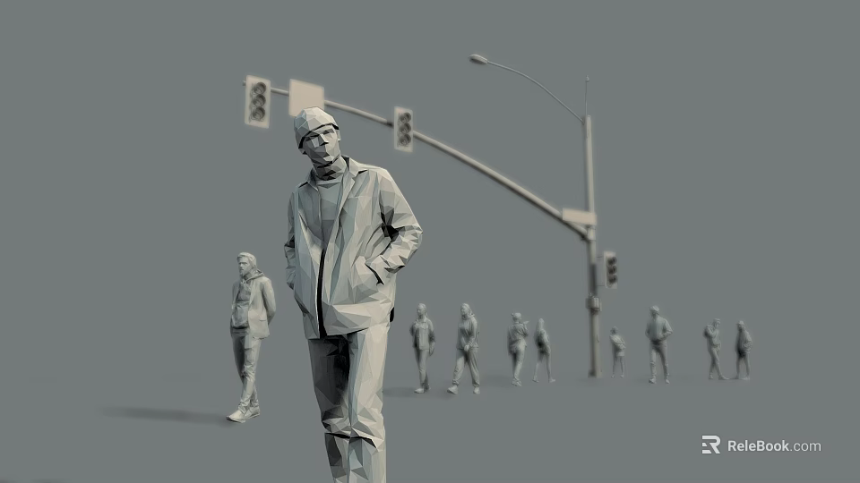 Group of People Walking on Urban Street with Traffic Lights and Street Lamp 3d model 