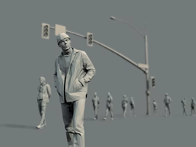 Group of People Walking on Urban Street with Traffic Lights and Street Lamp 3d model