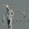 Group of People Walking on Urban Street with Traffic Lights and Street Lamp