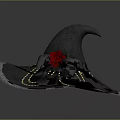 Black Witch Hat with Red Rose Gray Bow Pearl Strings and White Lace Trim