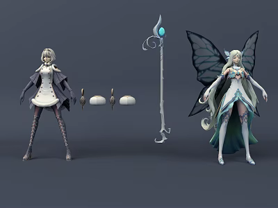 Elegant Fantasy Game Characters With Butterfly Wings White Outfit And Magic Staff 3d model