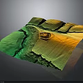 Detailed 3D Topographic Terrain Model With Green Yellow Colors And River Boat