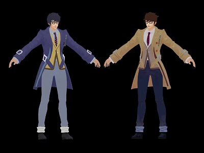 Two Anime Characters With Blue And Brown Coats Formal Outfits And Glasses Design 3d model