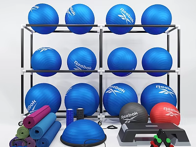 Fitness Equipment With Reebok Exercise Balls Storage Rack Yoga Mats And Heart Rate Monitor 3d model