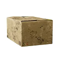 Brown Cardboard Box With Black Stains And White Labels On Soiled Surface