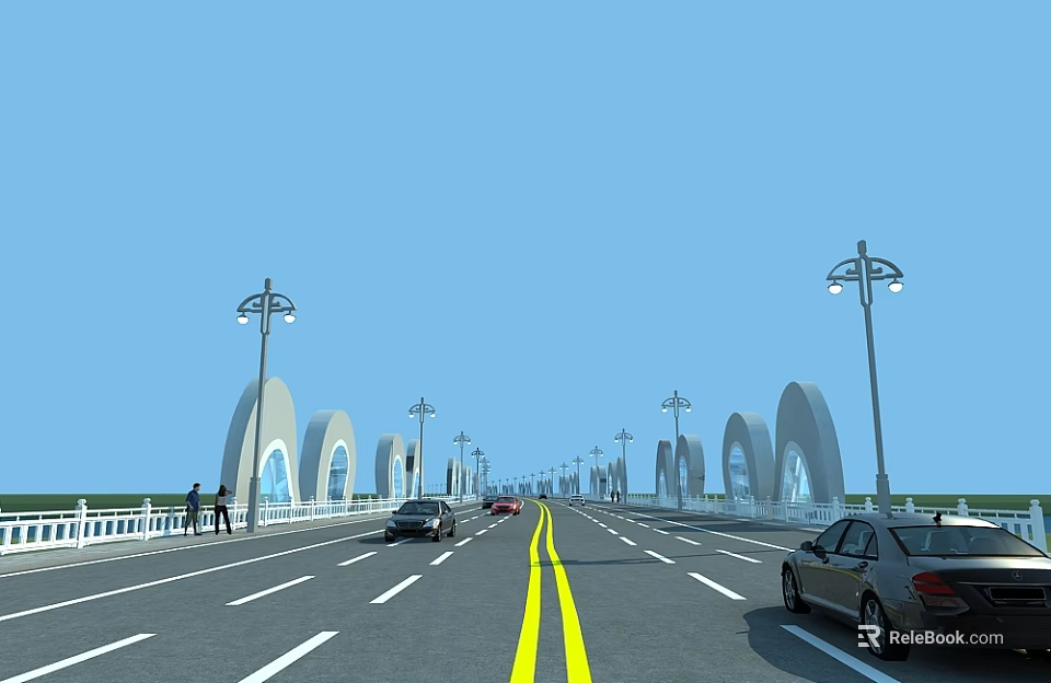 Modern Arch Bridge with Street Lamps Cars Pedestrians and Blue Sky View 3d model 