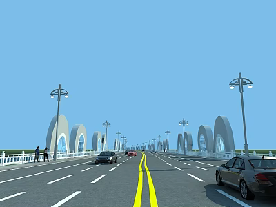 Modern Arch Bridge with Street Lamps Cars Pedestrians and Blue Sky View 3d model