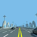 Modern Arch Bridge with Street Lamps Cars Pedestrians and Blue Sky View