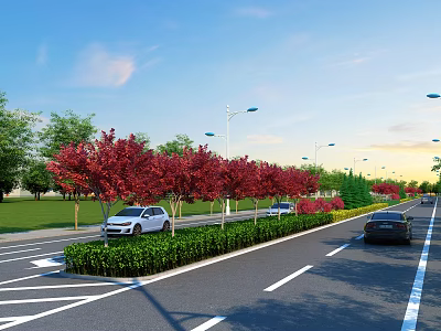 Road Facilities With Traffic Lanes Street Lamps Green Belts And Trees 3d model