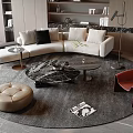 Modern Beige Fabric Sofa And Black Marble Coffee Table Set With Grey Rug And Brown Ottoman