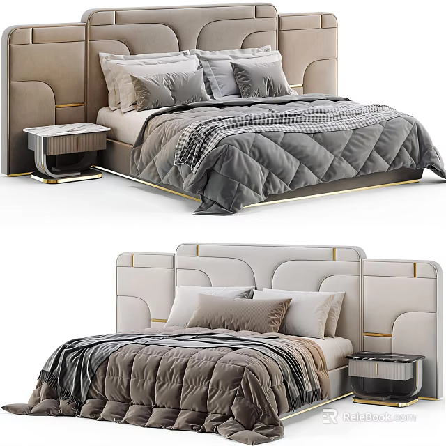 Modern Background Double Bed With Stylish Headboard Cozy Quilt Decorative Pillows And Nightstand 3d model 