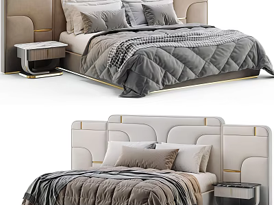 Modern Background Double Bed With Stylish Headboard Cozy Quilt Decorative Pillows And Nightstand 3d model