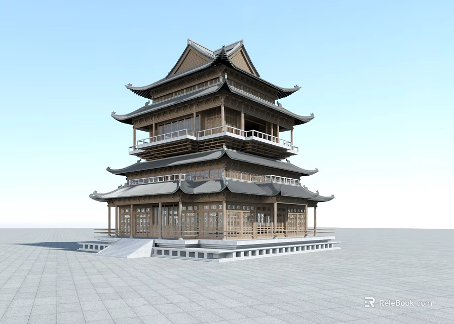 Traditional Chinese Ancient Architecture Multi Story Pavilion With Overhanging Eaves And Wooden Structure 3d model 