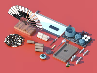 Traditional Chinese Living Supplies Display with Fan Tea Set and Wooden Ornaments on Red Background 3d model
