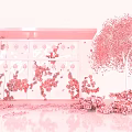 Pink Art Installation Featuring Glass Structure Hanging Flower Decorations And Pink Tree With Scattered Petals