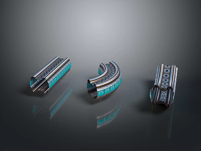 Cartoon Scene Featuring Track Components Straight Curved Shapes Blue Windows Dark Background With Reflection 3d model