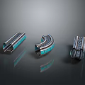 Cartoon Scene Featuring Track Components Straight Curved Shapes Blue Windows Dark Background With Reflection 3d model