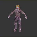 Futuristic 3D Character Model With Red Hair And Torn Leather Outfit Standing Pose