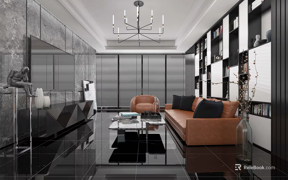 Modern Living Room Interior With Black Floors Blinds Chandelier Brown Sofa And Glass Coffee Table 3d model 
