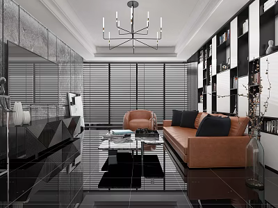 Modern Living Room Interior With Black Floors Blinds Chandelier Brown Sofa And Glass Coffee Table 3d model