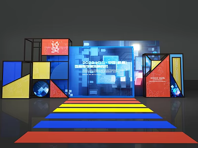 Vibrant Photo Check In Spot With Colorful Geometric Structures Illuminated Blue Screen And Striped Floor 3d model