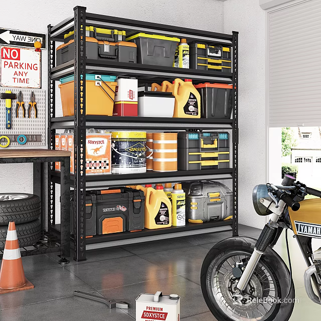 Organized Garage Workshop With Storage Shelves Tools Oil Cans And Motorcycle 3d model 
