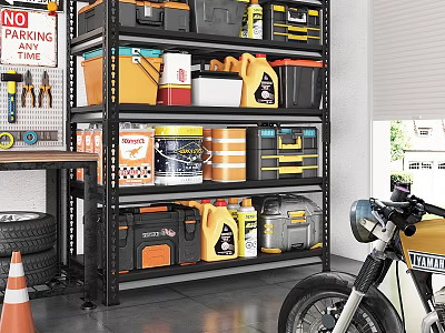 Organized Garage Workshop With Storage Shelves Tools Oil Cans And Motorcycle 3d model