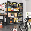 Organized Garage Workshop With Storage Shelves Tools Oil Cans And Motorcycle