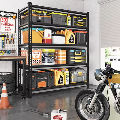 Organized Garage Workshop With Storage Shelves Tools Oil Cans And Motorcycle 3d model