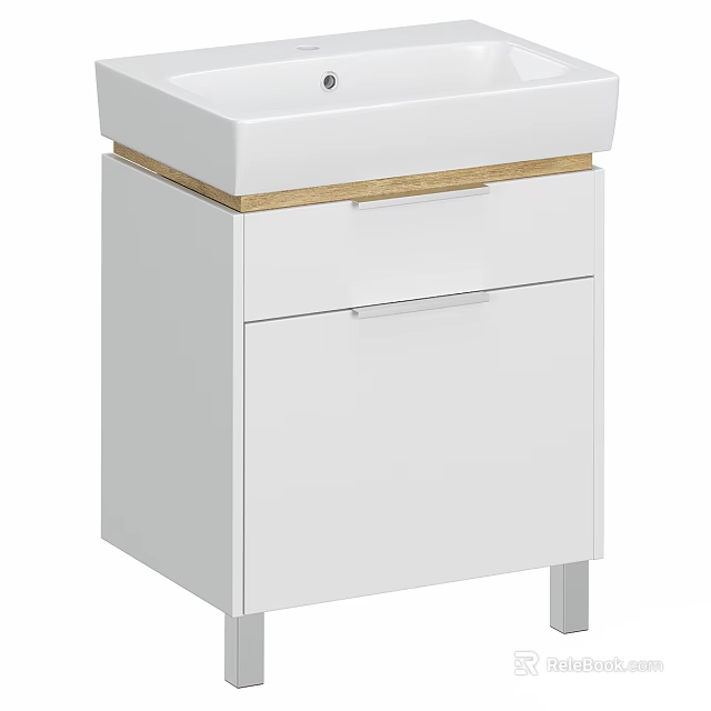 Modern White Washbasin Vanity With Wooden Top Metal Legs Storage Drawers And Cabinet 3d model 