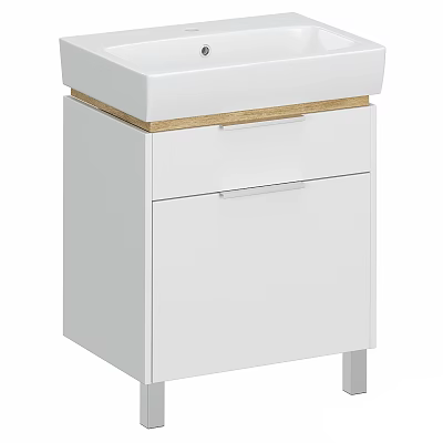 Modern White Washbasin Vanity With Wooden Top Metal Legs Storage Drawers And Cabinet 3d model