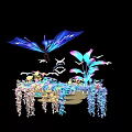Vibrant Floral Display Featuring Blue Butterfly And White Birds