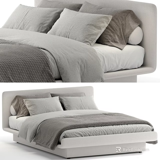 Modern Double Bed With Gray Bedding Pillows And Minimalist Headboard Design 3d model 