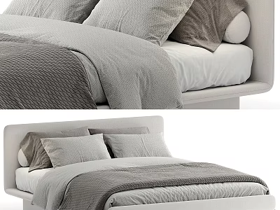 Modern Double Bed With Gray Bedding Pillows And Minimalist Headboard Design 3d model