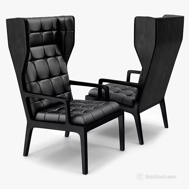 Modern Black Leather Leisure Chairs With Tufted Seats And Wooden Legs 3d model 