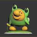 Cartoon Frog Character With Green Yellow Belly Big Eyes Wings On Base With Yellow Flower