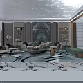 Luxurious Modern Living And Dining Room Interior With Marble Wall Art Sofa And Bookshelves