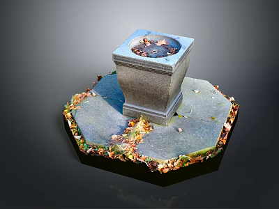 Outdoor Square Stone Fountain On Hexagonal Base Surrounded By Fallen Leaves 3d model