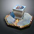 Outdoor Square Stone Fountain On Hexagonal Base Surrounded By Fallen Leaves