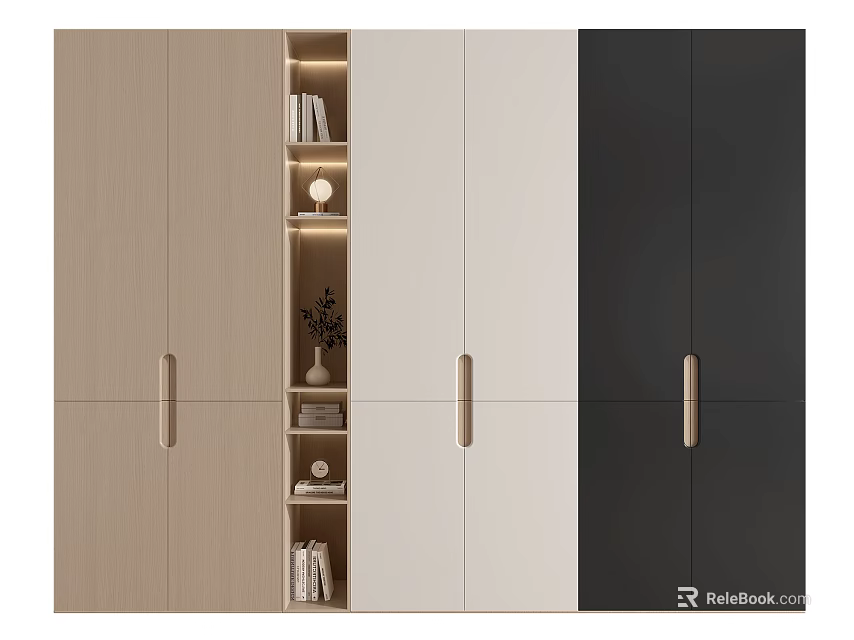 Modern Wooden Wardrobe With White Black Cabinet Doors Open Shelves LED Lights Storage Books Decor 3d model 