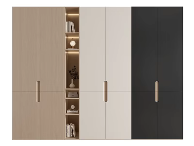 Modern Wooden Wardrobe With White Black Cabinet Doors Open Shelves LED Lights Storage Books Decor 3d model