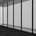 Modern Office Space Featuring Venetian Blind Partitions Gray Striped Carpet And Dark Wooden Walls