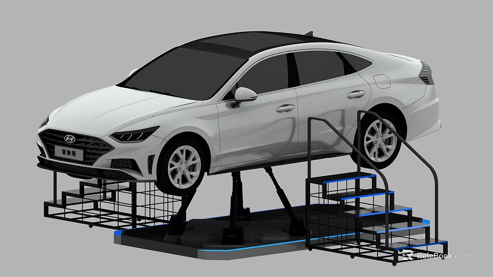 White Hyundai Car Displayed On Metal Stand With Blue Lighting Accents 3d model 