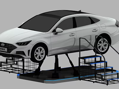 White Hyundai Car Displayed On Metal Stand With Blue Lighting Accents 3d model