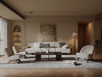 Home Living Room Fabric Sofa Coffee Table Combination Solid Wood Coffee Table Vase Green Plant Carpet Leisure Chair Decorative Painting Decorative Rack Jewelry Ornaments 3d model
