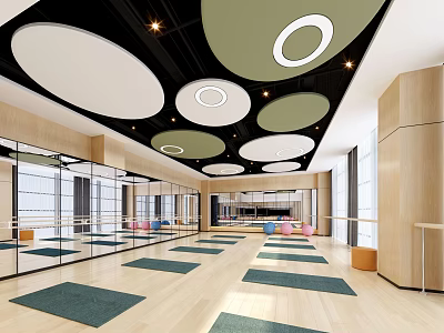 Spacious Fitness Yoga Studio Interior With Mirrored Walls Round Lights And Exercise Mats 3d model