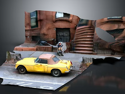 Yellow Convertible Car Parked On Street With Red Brick Building And Stairs 3d model
